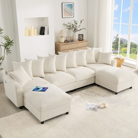 Modulares U-/L-förmiges Ecksofa, 6-Sitzer Kombi-Design mit 2 beweglichen Fußhockern USB/Type‑C Ladeanschluss 8 flexibel verstellbare Kissen + 2 Zierkissen Waffel‑Chenille, Beige (1/5)