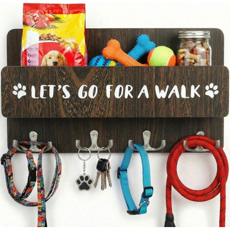 Porte-clés mural en bois pour chien, laisse de chien, porte-clés avec 4 doubles clés, crochets muraux pour couloir, entrée, bureau, vestiaire, chambre, ferme (marron) (1/5)