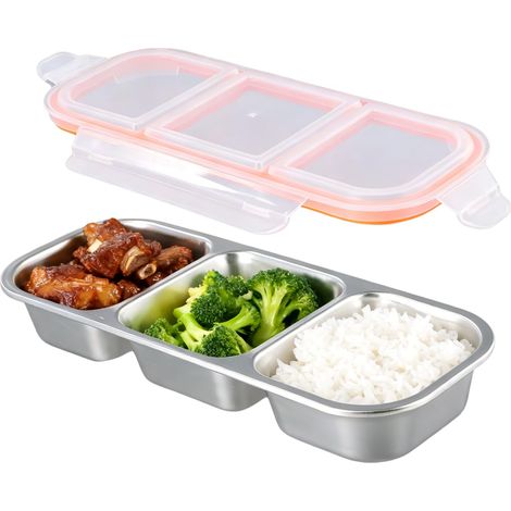 Boîte à Goûter avec 3 Compartiments en Acier Inoxydable, Bento Box Étanche avec Couvercle, Assiette à Collation Réutilisable, Snack Box Portable pour École Travail Maison et Voyages (1/5)