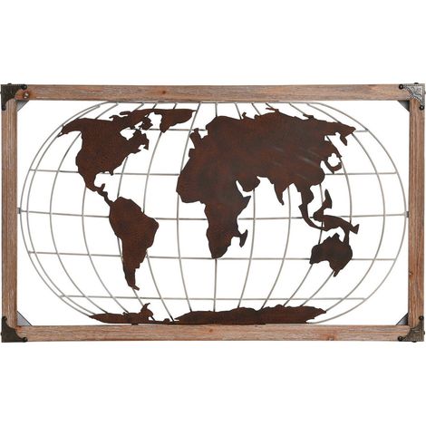 Décoration murale carte du monde en métal esprit loft cuivre naturel - cuivre effet bois clair naturel (1/3)
