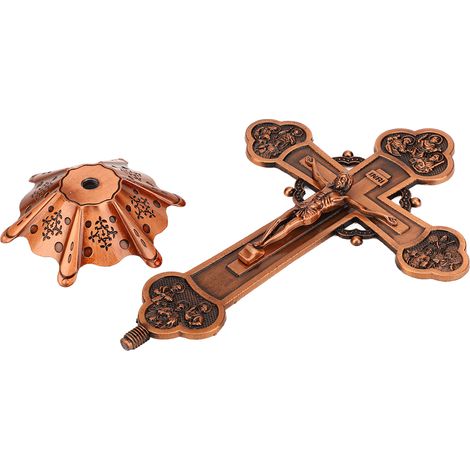 Crucifix Décoratif en Métal Style Vintage avec Socle, Idée Cadeau Catholique pour Table ou Étagère, Finition Cuivre Rouge (1/5)