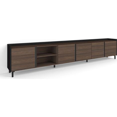 Skraut Home - Meuble TV, Banc Télé, Grand espace de Rangement, 309x35x61cm, Pour les TV jusqu'à 80", Design industriel, Style moderne, Chêne foncé et Noir (1/5)