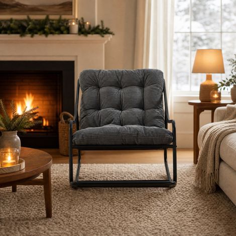 Fauteuil à bascule 116x75x82 cm acier noir, coussin gris réglable, extérieur FloraGrace (1/5)