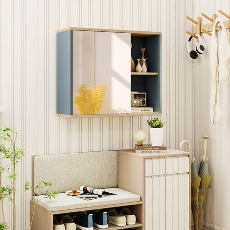 Medicine Cabinet with Mirror, Wall-Mounted Bathroom Cabinet with Adjustable Shelf and Open Compartments, Gray Organizer (1/5)
