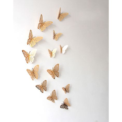 3D-Wandtattoos mit goldenen Schmetterlingen, 12 Stück, verschiedene Größen, für Schlafzimmer- und Hochzeitsdekoration (1/5)