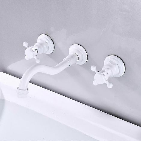 Robinet mural pour lavabo en laiton antique, à 3 trous et 2 vannes en croix. Mitigeur de lavabo en laiton avec bec en M (1/5)