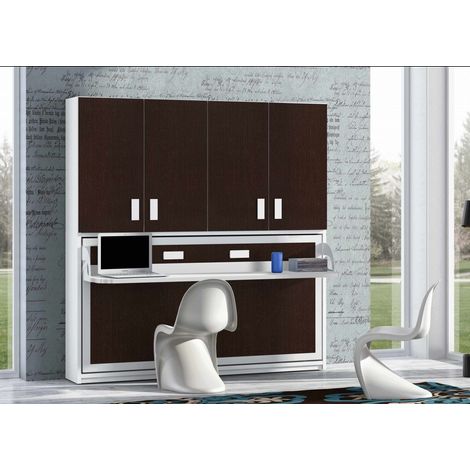 Lit escamotable 90x190 P 53cm chocolat avec étagères et bureau Miko (1/5)