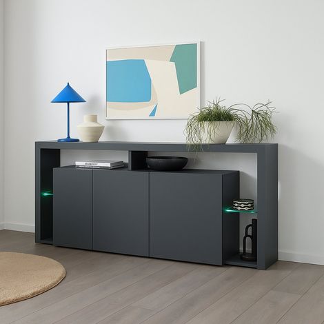 Dmora - Credenza Willer, Buffet da soggiorno a 3 ante, Madia da salotto, Credenza moderna, 200x40h80 cm, Antracite, con imballo rinforzato (1/5)