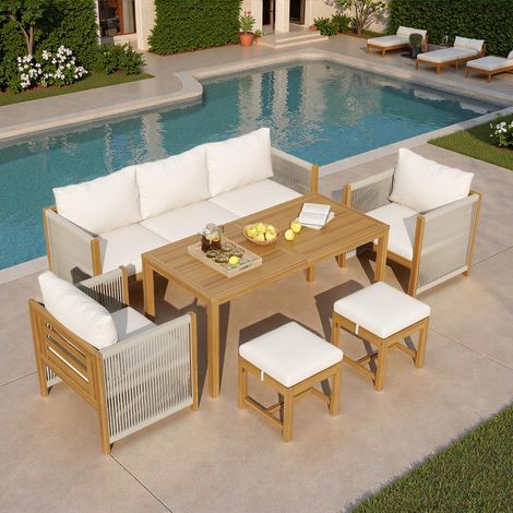 Salon de jardin 7 places avec table à manger en acacia, canapé 3 places, 2 fauteuils, 2 poufs et coussins confortables, mobilier de jardin en bois massif et corde tressée, beige