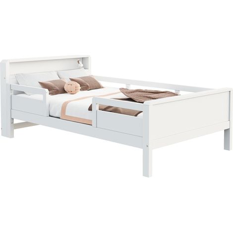 Lit en bois de pin 90 x 200 cm, prise combinée USB et Type-C, petite lampe LED, tête de lit avec rangement, lit enfant, lit simple, lit multifonction, blanc (1/5)