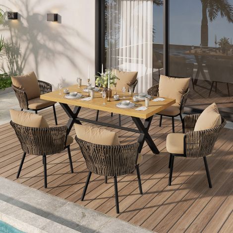 Salon de jardin repas 6 places avec table effet bois et 6 chaises en résine tressée avec coussins, structure en fer, kaki naturel (1/5)