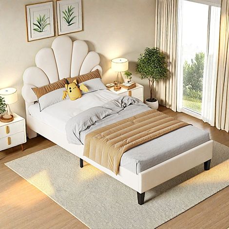 Lit capitonné pour enfant 90 x 200 cm - Lit simple en velours beige - Tête de lit réglable en hauteur - Sommier à lattes en bois massif - Capacité 200 kg