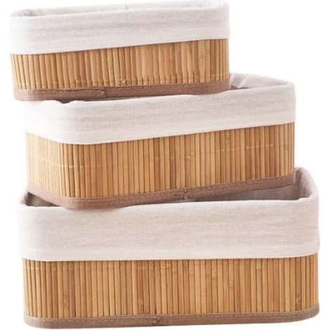 3 cestini portaoggetti in bambù con rivestimento interno in tessuto naturale, ideali per armadio, mensole e bagno. (1/5)