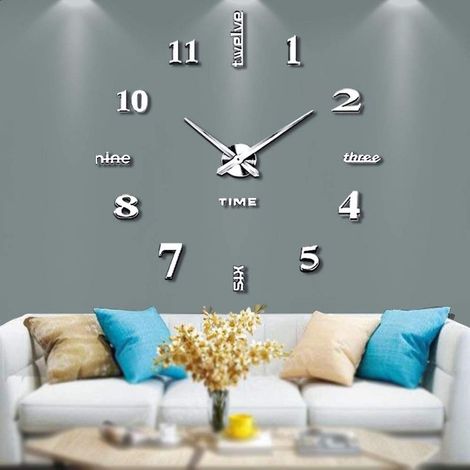 Horloge murale 3D sans cadre DIY XXL Dumb mirror stickers Home office decoration (garantie 2 ans) (Silver-14) (1/5)