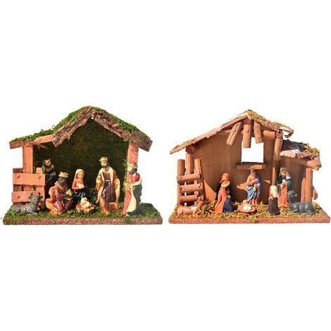 Belén de madera con figuras - [2021] Belén navideño, figuras de resina para decoración navideña, 24x8,5x17 cm + 20x8x15 cm (1/5)