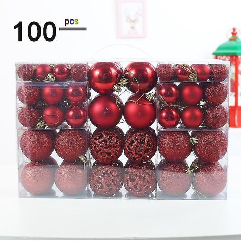 100 boules de Noël rouges de différentes tailles, incassables, en plastique, pour sapin de Noël (1/5)