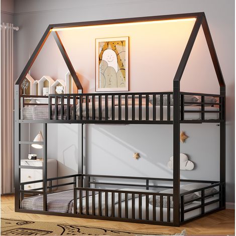 Bett Hausbett Hochbett Metall Schwarz 140x200 cm mit Dachrahmen, Zaun-Geländer, Lattenrost und LED-Licht (1/5)