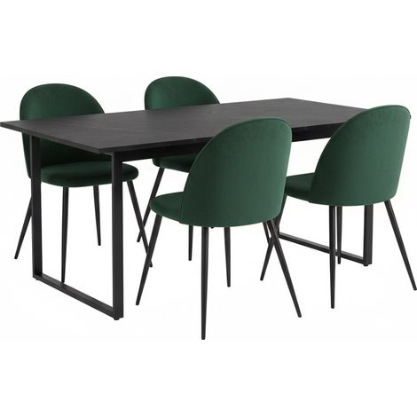 Tilst Essgruppe Tisch schwarz Marmor Print 90x160 4 Stühlen Velour grün.