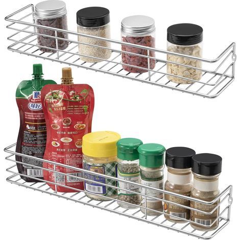 Porte Epices Mural Cuisine, Etagere a Epices Murale, Etagere Epices Cuisine Montages Adhesif ou Percage, 8,0P x 40,0l x 6,0H cm, Métal, Argent (Paquet de 2) (1/5)