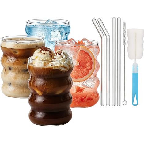 Lot de 4 verres nervurés avec pailles en verre - 350 ml - Verres à cocktail pour la restauration, l'eau, le jus, la bière, le matcha (1/5)