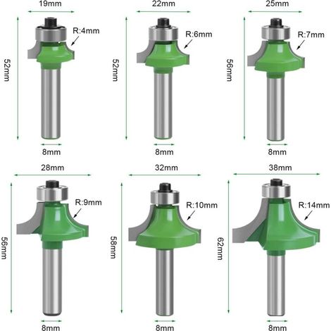 Set mit 6 8-mm-Holzfräsern, Viertelrundfräsern mit 8-mm-Schaft, abgerundeter Nut für die Holzbearbeitung (6) (1/4)