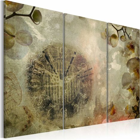 Tableau vintage, horloge et orchidée - 90 x 60 cm