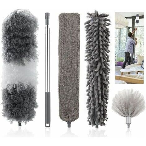 Plumeau 5 en 1 télescopique avec tête de loup en microfibre lavable et pliable, équipé d'une poignée en acier inoxydable. Idéal pour enlever la poussière des toiles d'araignée, des ventilateurs de pla