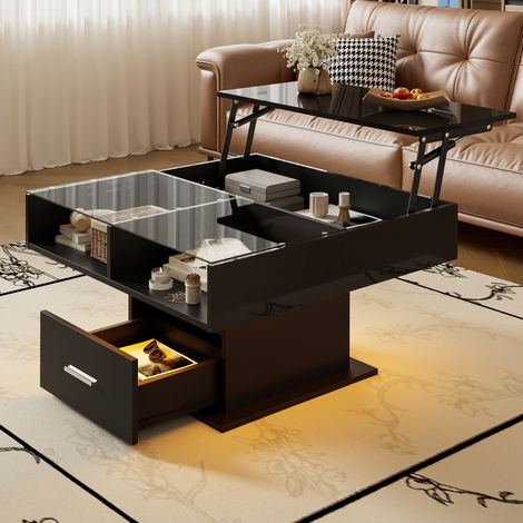 Table basse relevable LED avec rangement, 78 x 78 cm, hauteur réglable, noir brillant DESVIAE (1/5)