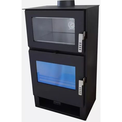 Poêle à bois avec four inox 9 kW – Efficacité 81,2% – Capacité chauffage 170-200 m³ – Dimensions 530x420x1000 mm – Verso