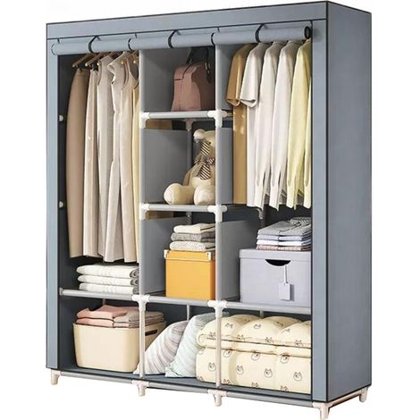 Fabric Bedroom Wardrobe, Foldable Closet with 2 Clothes Rails and 8 Compartments, Large Capacity Storage Wardrobe for Bedroom, Dressing Room, Gray (1/5)