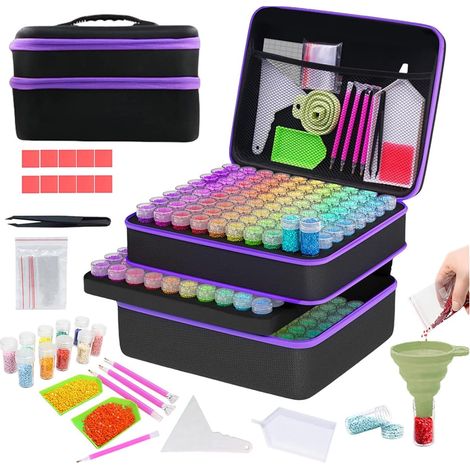 Aufbewahrungsbox für Diamantmalerei, 240 kleine Fläschchen, Box, Trichter, Aufkleber und weiteres Zubehör für Diamantmalerei und Aufbewahrung (Lila) (1/5)