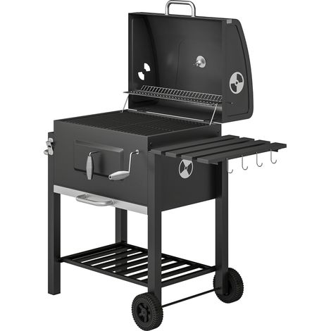 Fumoir-barbecue charbon de bois 2 grilles cuisson 1 étagère noir 113x65x108 cm