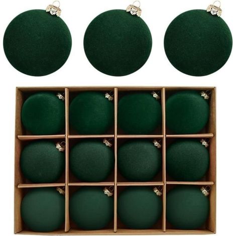 Boules de Noël en velours vert - KAGOLOW - Lot de 12 - 6 cm - Incassables - Plastique - Finition douce et veloutée (1/5)