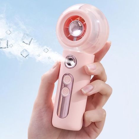 - Ventilatore portatile ricaricabile rosa con funzione di spruzzo d'acqua, mini ventilatore USB, 2000 mAh, 4 velocità del vento, ventilatore a turbina portatile per esterni. (1/5)