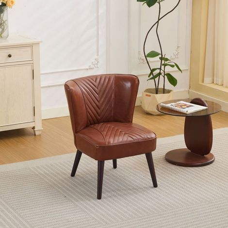 Fauteuil lounge - SOGEU - Sans accoudoirs - Cuir pleine fleur marron - Pieds bois d'hévéa massif - Coutures diagonales (1/5)