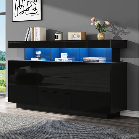 Aparador 140x35x80 cm negro en tablero de partículas y acrílico con LED, 3 cajones y 2 puertas (1/5)