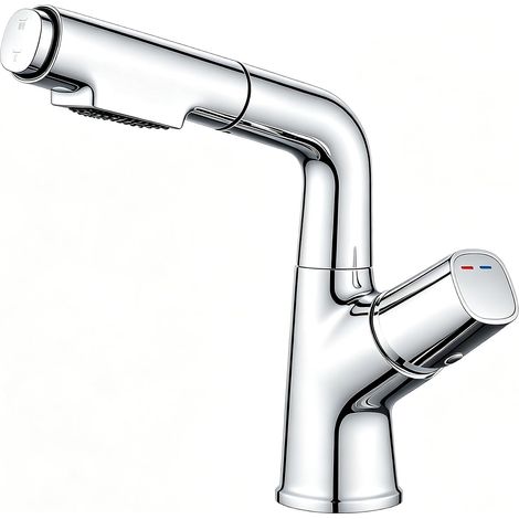 Washbasin Mixer Tap with Pull-Out Spray, 360° Swivel Bathroom Sink Tap (2 Modes, Spout Height 19 cm, Height Adjustable, No Tap, No Drain Pull), Chrome (1/5)