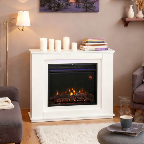 Cheminée électrique 1000W/2000W fausse cheminée effet flamme à 12 couleurs et 5 luminosités réglables 98x25x80cm blanc (1/5)