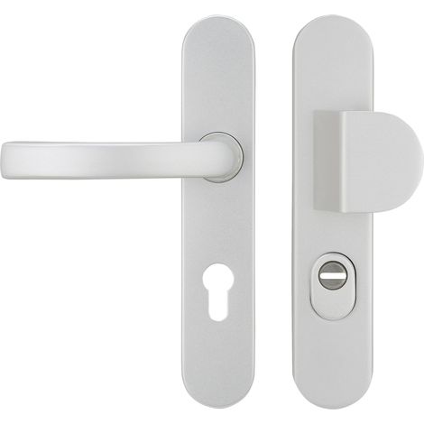 Ensemble de poignées blindées sur plaque en aluminium argent sablé, béquille + aileron pour porte d'entrée (1/5)