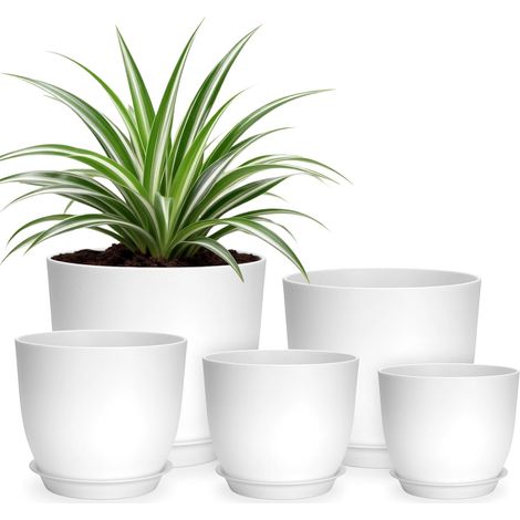 5 Pièces Pot de Fleur avec Soucoupes, 17.8/16/14/12.5/11.5 cm Pot Plante Plastique, Petit Cache Pot, pour Interieur Exterieur Jardin Succulentes Herbes-Blanc (1/5)