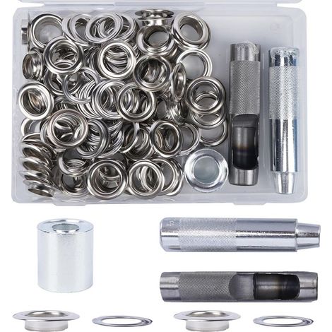 100 Ösen im Set. 18 mm. Versilbertes Metall. Messing. Reparaturset. Plane. Leder. Stoff. Heimwerkerbedarf. (1/5)