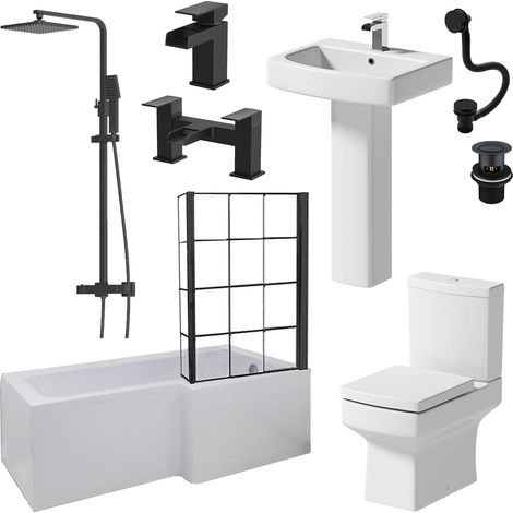 Complete Bathroom Suite Black 1700mm L Shape RH Bath Screen Basin WC Shower Taps (1/5)