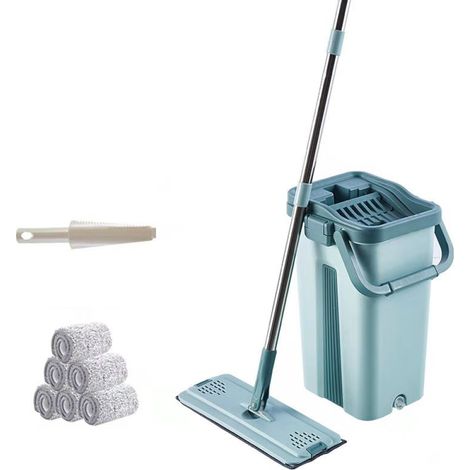 Balai-serpillère plat avec seau, balai-serpillère plat avec 6 lingettes en microfibre (1/5)