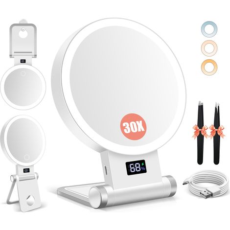 1X/30X Miroir Grossissant avec Lumière, Affichage de La Batterie, Support 4-en-1, 2000mAh, Pinces Incluses, Double Face, 3 Couleurs Réglables, Pliable – pour Maison & Voyage (1/5)