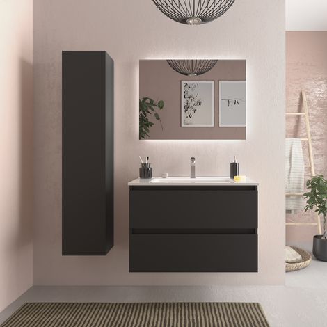 Mueble de baño Bequia 80 cm Negro Mate con Lavabo de porcelana (1/7)