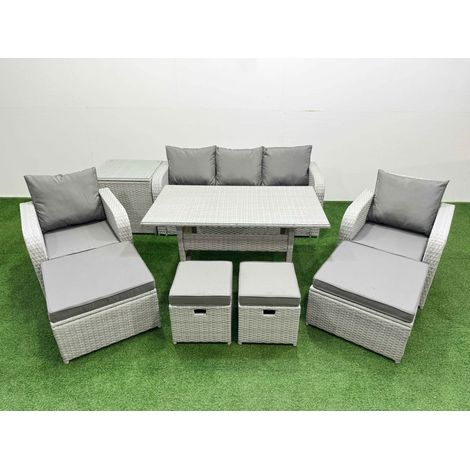 Fimous PE Rattan Lounge Sofa Set 9 Seater Outdoor Garden Furniture Set with Dining Table 3 Seater Sofa 2 Big Footstools Side Table Light Grey (1/4)