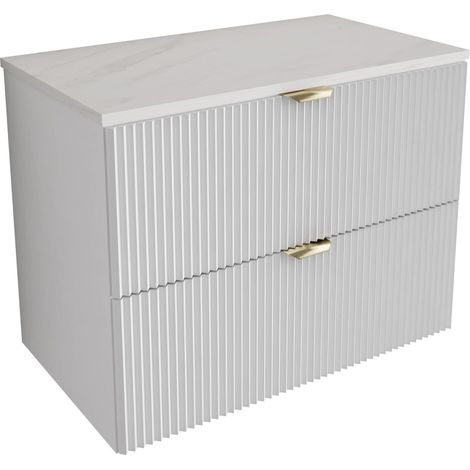 Mobile da bagno con frontale scanalato 80 cm con 2 cassetti, bianco con piano in marmo (MDF), con maniglia dorata, 80 x 47 x 60 cm (1/5)