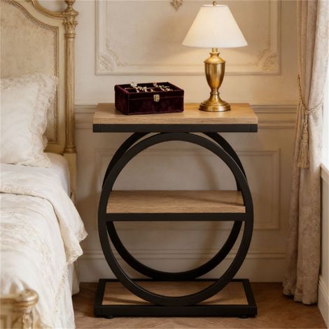 Table d'appoint industrielle à trois niveaux avec structure métallique ronde, table basse décorative de style vintage pour salon (1/5)