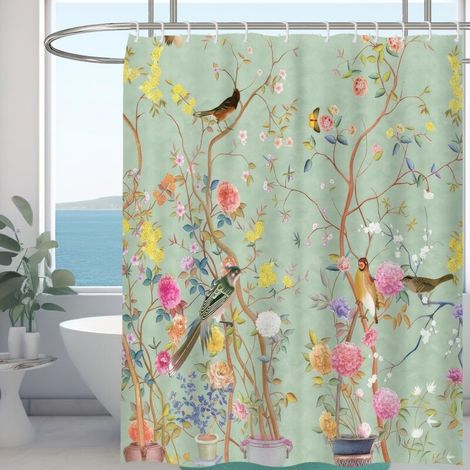 Schimmelresistenter Duschvorhang, 100 % Polyester, wasserdicht, mit Blumenmuster, inklusive 12 Haken, 180 x 180 cm