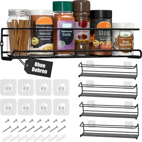 Set of 4 Metal Wall Mounted Spice Racks for Hanging with Adhesive or Screw Mount Black (1/5)
